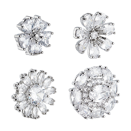 Nbeads 4Pcs 4 Style 1-Hole Brass Micro Pave Cubic Zirconia Shank Buttons, Flower, Platinum, 13~20x13.5~20x6.5~8mm, Hole: 1.4mm, 1pc/style