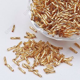 Honeyhandy Glass Twisted Bugle Beads, Metallic Colours,Gold, 12x2mm, Hole: 0.5mm, about 5000pcs/bag