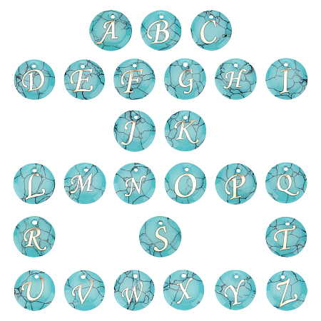SUNNYCLUE DIY Jewelry Pendants Making Kits, with Synthetic Turquoise Charms, with Plastic Alphabet, Flat Round, 15x2mm, Hole: 1.5mm; 26 letters, 1pc/letter, 26pcs/box