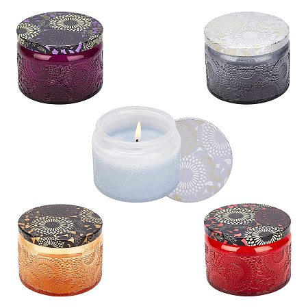 Glass Storage Box, Container for Jewelry, Aromatherapy Candle, Candy Box, with Slip-on Lid, Flower Pattern, Mixed Color, 7.1x5.2cm; Capacity: 125ml(4.23 fl. oz), 5pcs/set.