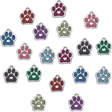 SUNNYCLUE Enamel Pendants, with Platinum Plated Alloy Findings and Glitter Powder, Dog Paw Prints with Heart, Mixed Color, 18.8x16.5x2.2mm, Hole: 1.5mm; 9 colors, 2pcs/color, 18pcs/box
