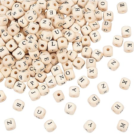 OLYCRAFT Natural Wooden European Beads, Large Hole Beads, Undyed, Cube with Letter, Antique White, 12x11.5x11.5mm, Hole: 4.5mm; 200pcs