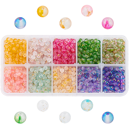 Frosted Spray Painted Glass Beads, with Golden Foil, Round, Mixed Color, 4~5mm, Hole: 0.9~1.2mm; 10 colors, about 250pcs/color, 2500pcs/box