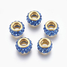 Honeyhandy Handmade Polymer Clay European Beads, Large Hole Beads, with Brass Core, Flat Round, Golden, Dodger Blue, 11.5x7mm, Hole: 5mm