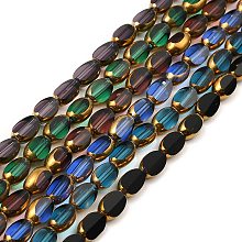 Faceted Transparent Electroplate Glass Beads Strands, Golden Plated, Oval, Mixed Color, 7x4x3.5mm, Hole: 0.8mm, about 50~51pcs/strand, 13.43''~13.66''(31.1~34.7cm)