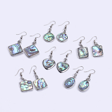 Honeyhandy Abalone Shell/Paua Shell Dangle Earrings, with Brass Findings, Mixed Shapes, Platinum, 38~58mm, Pin: 0.7mm