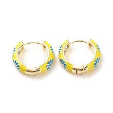 Honeyhandy Daisy Flower Enamel Hoop Earrings, Gold Plated Brass Hinged Earrings for Women, Yellow, 20x22x5mm, Pin: 0.9mm