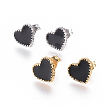 Honeyhandy 304 Stainless Steel Stud Earrings, with Enamel and Ear Nuts, Heart, Black, Mixed Color, 9.5x10.5x1.5mm, Pin: 0.6mm, 6pairs/card