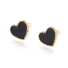 Honeyhandy 304 Stainless Steel Stud Earrings, with Enamel and Ear Nuts, Heart, Black, Golden, 9.5x10.5x1.5mm, Pin: 0.6mm, 6pairs/card