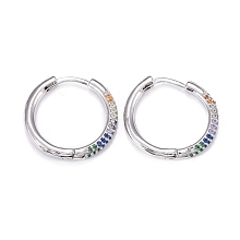 Honeyhandy Brass Micro Pave Cubic Zirconia Huggie Hoop Earrings, Long-Lasting Plated, Ring, Colorful, Real Platinum Plated, 20x2.5mm, Pin: 0.8mm