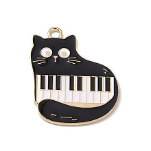 Honeyhandy Music Theme Charm, Alloy Enamel Pendants, Cat with Piano, Golden, Black, 28x22.5x1.2mm, Hole: 2mm