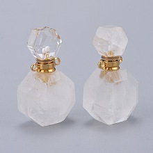 Honeyhandy Faceted Natural Quartz Crystal Openable Perfume Bottle Pendants, with 304 Stainless Steel Findings, Golden, 34~36x20~22x12~13mm, Hole: 1.8mm, Bottle Capacity: 1ml(0.034 fl. oz)