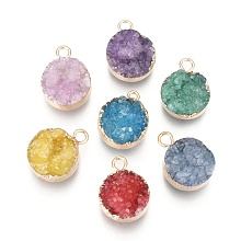 Honeyhandy Natural Druzy Agate Pendants, with Real 18K Gold Plated Brass Finding, Long-Lasting Plated, Flat Round, Dyed, Mixed Color, 18~20x14x5~10mm, Hole: 2~3mm