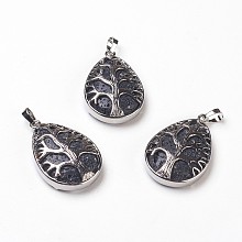 Honeyhandy Natural Lava Rock Pendants, with Brass Findings, Teardrop with Tree of Life, Platinum, 39x25.5x7mm, Hole: 7.5x5mm