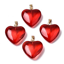 Honeyhandy Transparent Spray Painted Glass Pendants, with Golden Plated Iron Bails, Heart, Red, 22x20.5x7mm, Hole: 6x2mm