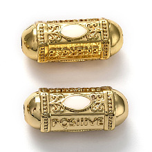 Honeyhandy Brass Enamel Beads, Long-Lasting Plated, Real 18K Gold Plated, Oval & Word, White, 19x9x9mm, Hole: 2mm