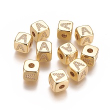 Honeyhandy Brass Micro Pave Cubic Zirconia Beads, Horizontal Hole, Real 18K Gold Plated, Long-Lasting Plated, Cube with Letter, Clear, Letter.A, 9x9x9mm, Hole: 3.5mm