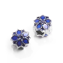 Honeyhandy Alloy European Beads, Flower, Lager Hole Beads, with Enamel, Antique Silver, Blue, 11x10mm, Hole: 4.5mm