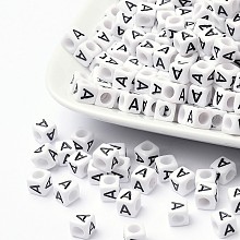 Honeyhandy Acrylic Letter beads, Letter A, Cube, 6mm in diameter, about 2600pcs, hole: about 3.2mm, 2600pcs/500g