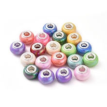 Arricraft Resin European Beads, with Brass Cores, Large Hole Beads, Rondelle, Silver Color Plated, Mixed Color, 13x8mm, Hole: 4.8mm