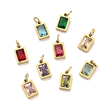 Honeyhandy Vacuum Plating 304 Stainless Steel Pendants, with Cubic Zirconia and Jump Rings, Single Stone Charms, Rectangle, Golden, Mixed Color, 9.5x6x3mm, Hole: 3.6mm