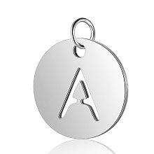 Honeyhandy 304 Stainless Steel Charms, Flat Round with Letter, Stainless Steel Color, Letter.A, 12x1mm, Hole: 2.5mm