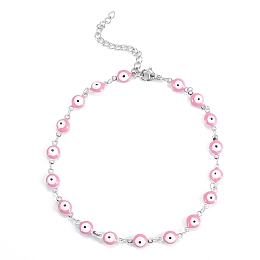 Honeyhandy 304 Stainless Steel Anklets, with Enamel and Lobster Claw Clasps, Evil Eye, Pink, Stainless Steel Color, 11-3/8 inch(28.8cm)