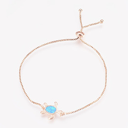 Honeyhandy Adjustable Brass Bolo Bracelets, Slider Bracelets, Box chains, with Synthetic Opal, Turtle, Rose Gold, Cyan, 9-1/2 inch(24cm)x1mm