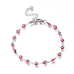 Honeyhandy 304 Stainless Steel Link Bracelets, with Enamel and Lobster Claw Clasps, Evil Eye, Stainless Steel Color, Red, 7-7/8 inch(20cm)