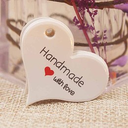 Honeyhandy Paper Gift Tags, Hang Tags, For Arts and Crafts, For Valentine's Day, Thanksgiving, Heart with Word Thank You, White, 32x39x0.4mm, Hole: 4mm
