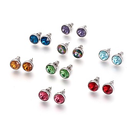 Honeyhandy 304 Stainless Steel Stud Earrings, with Rhinestone, Flat Round, Mixed Color, 10x6mm, Pin: 0.9mm