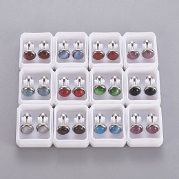 Honeyhandy 304 Stainless Steel Earlobe Plugs, Screw Back Earrings, with Synthetic Gemstone and Cat Eye, Half Round, Mixed Color, Stainless Steel Color, 8mm, Pin: 1mm, 12pairs/card