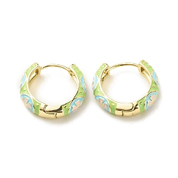 Honeyhandy Flower Enamel Hoop Earrings, Gold Plated Brass Hinged Earrings for Women, Lawn Green, 20x22x5mm, Pin: 0.9mm