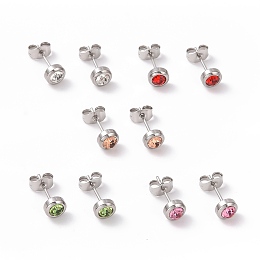 Honeyhandy Rhinestone Column Stud Earrings, Stainless Steel Color Plated 304 Stainless Steel Jewelry for Women, Mixed Color, 15x6mm, Pin: 0.8mm