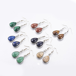 Honeyhandy Natural & Synthetic Mixed Stone Dangle Earrings, with Brass Earring Hooks, teardrop, Platinum, 48mm, Pin: 0.5mm