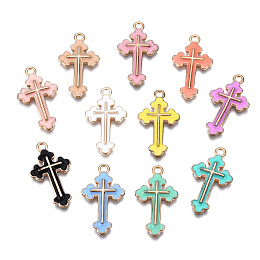 Honeyhandy Alloy Enamel Pendants, Cross, Light Gold, Mixed Color, 25x14x2mm, Hole: 1.8mm