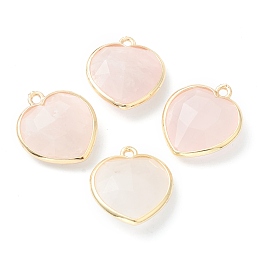 Honeyhandy Natural Rose Quartz Pendants, with Golden Brass Edge, Faceted, Heart, 19x16.5x6~6.5mm, Hole: 1.6mm