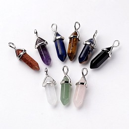 Honeyhandy Bullet Natural & Synthetic Mixed Stone Pendants, with Platinum Tone Random Alloy Pendant Hexagon Bead Cap Bails, 27~31x10x8mm, Hole: 4x3mm