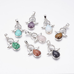 Honeyhandy Natural & Synthetic Mixed Stone Pendants, Angel, with Brass Finding, Platinum, 34x25.5x4.5~6.5mm, Hole: 4~5x7mm