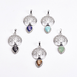 Honeyhandy Brass Pendants, Natural & Synthetic Mixed Stone, Faceted, Hollow Flat Round with Tree of Life and Teardrop, Platinum, 49x27x6mm