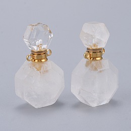 Honeyhandy Faceted Natural Quartz Crystal Openable Perfume Bottle Pendants, with 304 Stainless Steel Findings, Golden, 34~36x20~22x12~13mm, Hole: 1.8mm, Bottle Capacity: 1ml(0.034 fl. oz)