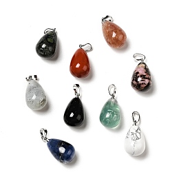 Honeyhandy Natural Mixed Stone Pendants, with Platinum Tone Brass Findings, Teardrop Charm, 20~21x11~12mm, Hole: 6x3.5mm