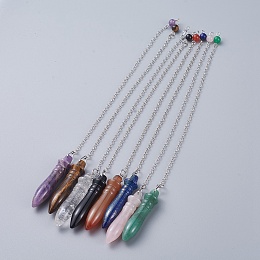 Honeyhandy Natural Mixed Stone Pointed Dowsing Pendulums, with Brass Cable Chains, Bullet, 238~255mm, Hole: 2.5mm, Pendants: 53x12mm