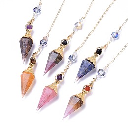 Honeyhandy Resin Dowsing Pendulum Big Pendants(Brass Finding and Gemstone Inside), with Brass Chain, Chakra, Faceted, Cone, Golden, 360mm