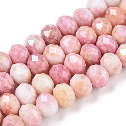 Honeyhandy Faceted Electroplated Glass Beads Strands, AB Color Plated, Rondelle, Pink, 7~7.5x5.5~6mm, Hole: 1.4mm, about 65pcs/strand, 15.35~15.55 inch(39~39.5cm)