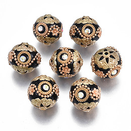 Honeyhandy Handmade Indonesia Beads, with Crystal AB Rhinestone and Golden Tone Brass Findings, Round, Black, 20x19~20mm, Hole: 1.5~1.8mm