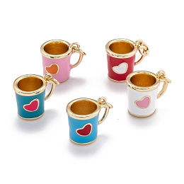 Honeyhandy Brass Enamel Charms, with Jump Ring, Golden, Mug with Heart, Mixed Color, 12.5x13.5x10mm, Hole: 3mm