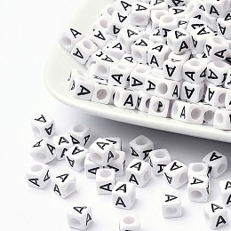 Honeyhandy Letter Acrylic European Beads, Horizontal Hole, Cube, Letter.A, 10x10x10mm, Hole: 3.5~4mm, about 598pcs/500g