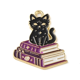 Honeyhandy Halloween Alloy Eanaml Pendants, Golden, Magic Cat Charm, Book, 27x22x1.5mm, Hole: 2mm