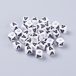 Honeyhandy Letter Acrylic Beads, Cube, White, Letter A, Size: about 7mm wide, 7mm long, 7mm high, hole: 3.5mm, about 2000pcs/500g